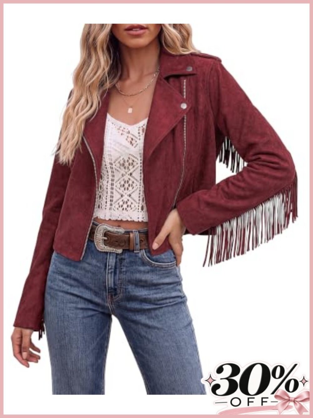 Faux Suede Fringe Cropped Jacket Zip Up Western Motorcycle